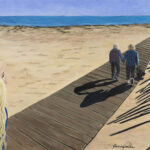 original painting senior couple walking along beach