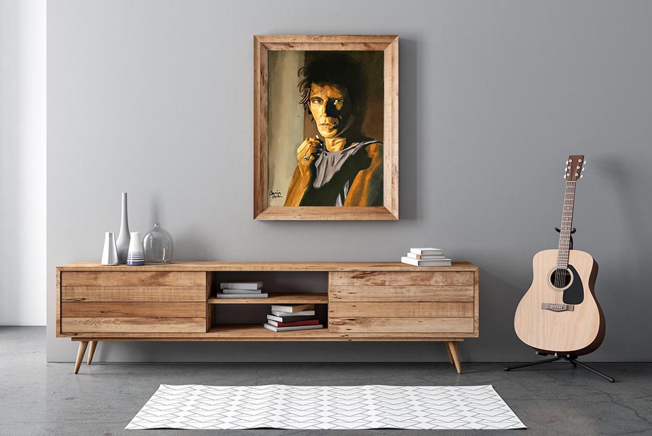 original painting keith richards by artist bonnie perlin framed on wall