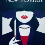 new yorker original pop art woman under navy blue umbrella red lips red shirt mixed media bonnie perlin
